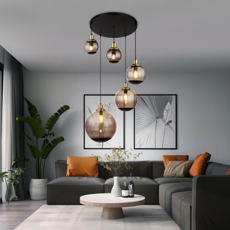 Pendelleuchte Wohnzimmer 5 Flammig Esszimmerleuchte Hängeleuchte Industrial schwarz, Glaskugeln rauch Messing, 5x E27 Fa...