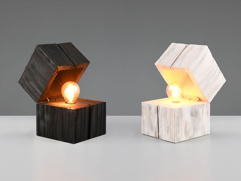 Meinewunschleuchte - 2-er set aufklappbare led Tischleuchten aus Holz Weiß & Schwarz, Höhe 16cm