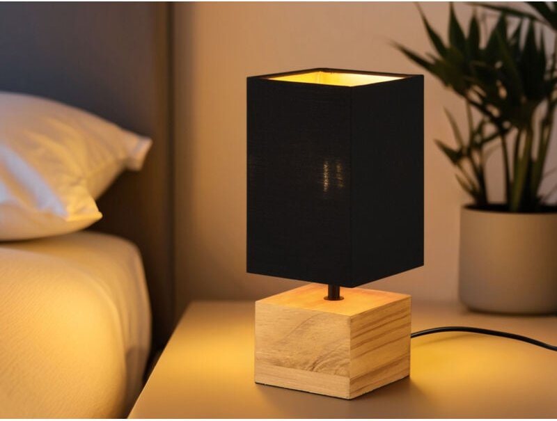 Meinewunschleuchte - led Tischleuchte mit Holzfuß Stoffschirm Schwarz / Gold, Höhe 30cm