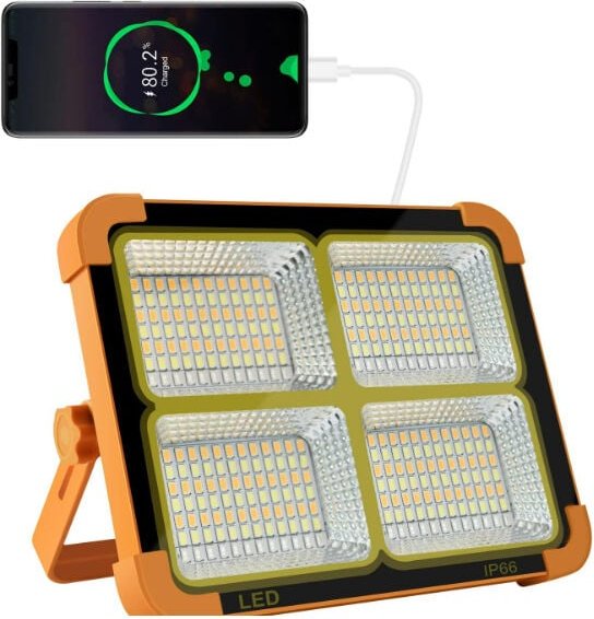 Gotrays - Wiederaufladbarer LED-Flutlicht, Tragbares Laternen-Arbeitslicht mit Solarpanel, USB-aufladbare Lampe, für Cam...