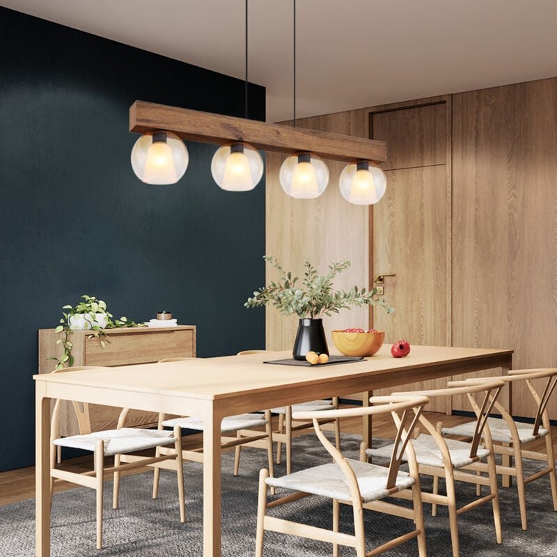 Pendelleuchte Hängelampe Wohnzimmerleuchte Glas Holzlampe 4 flammig L 100 cm