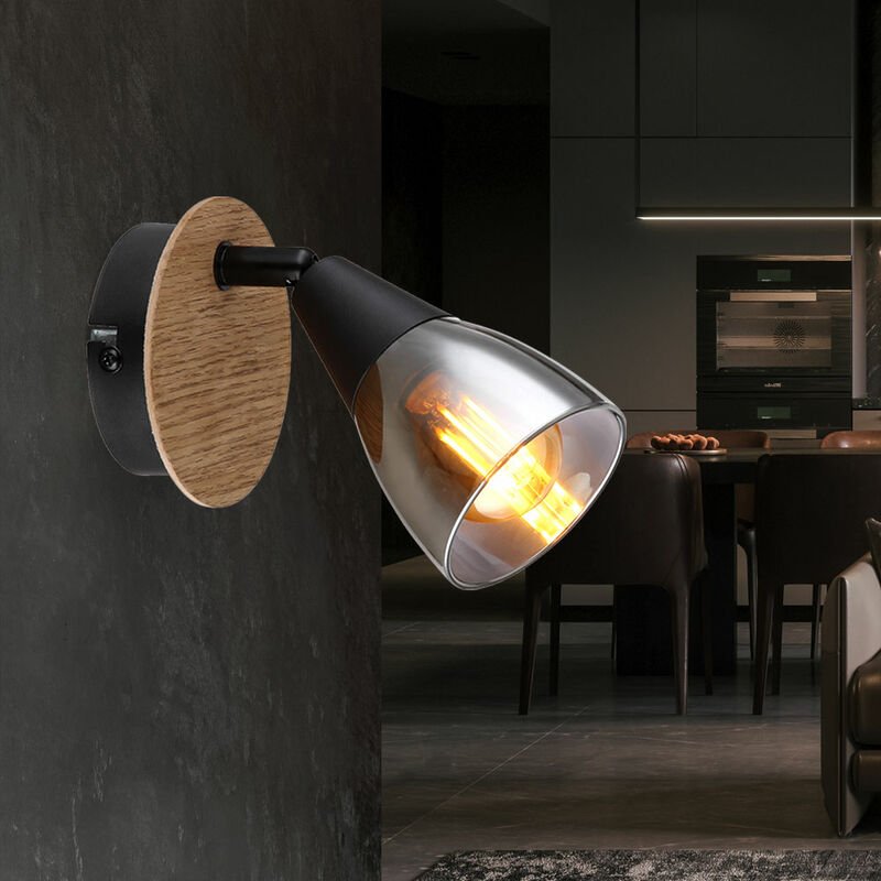 Wandleuchte Wohnzimmerleuchte Wandlampe Flurlampe Esszimmerleuchte, Glas Holz Metall rauchfarben braun, E14, Spot bewegl...