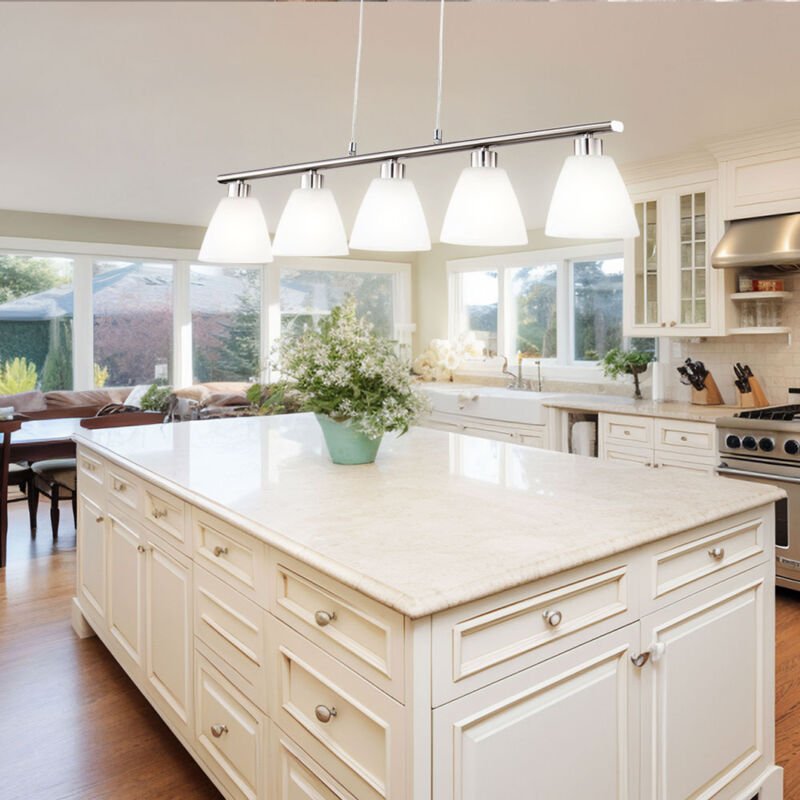 Esstischlampe Hängelampe Esstisch Hängeleuchte silber höhenverstellbar, 5 flammig, Metall nickel Glas weiß 5x E14 Fassun...