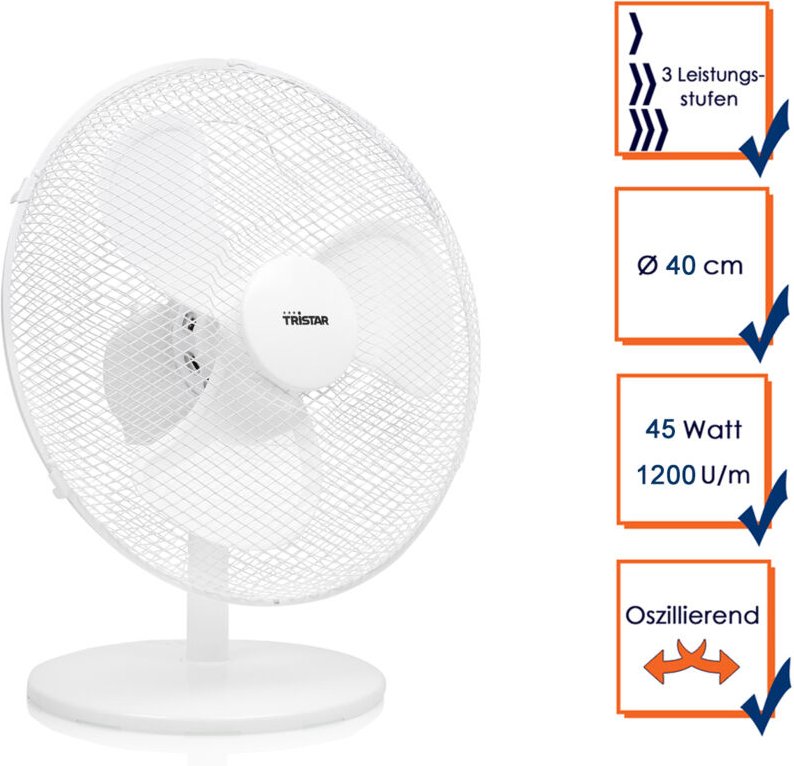 Tischventilator Weiß Ø 40cm 3-Stufen 3077,4m³/Std Oszillierend