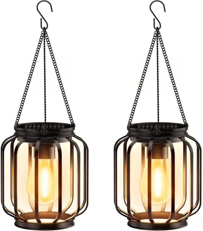 Solarleuchten Outdoor Garten Hängend, 2 Stück Solarlaterne Outdoor mit LED Birne, IP65 Wasserdicht Metall Solarleuchte O...