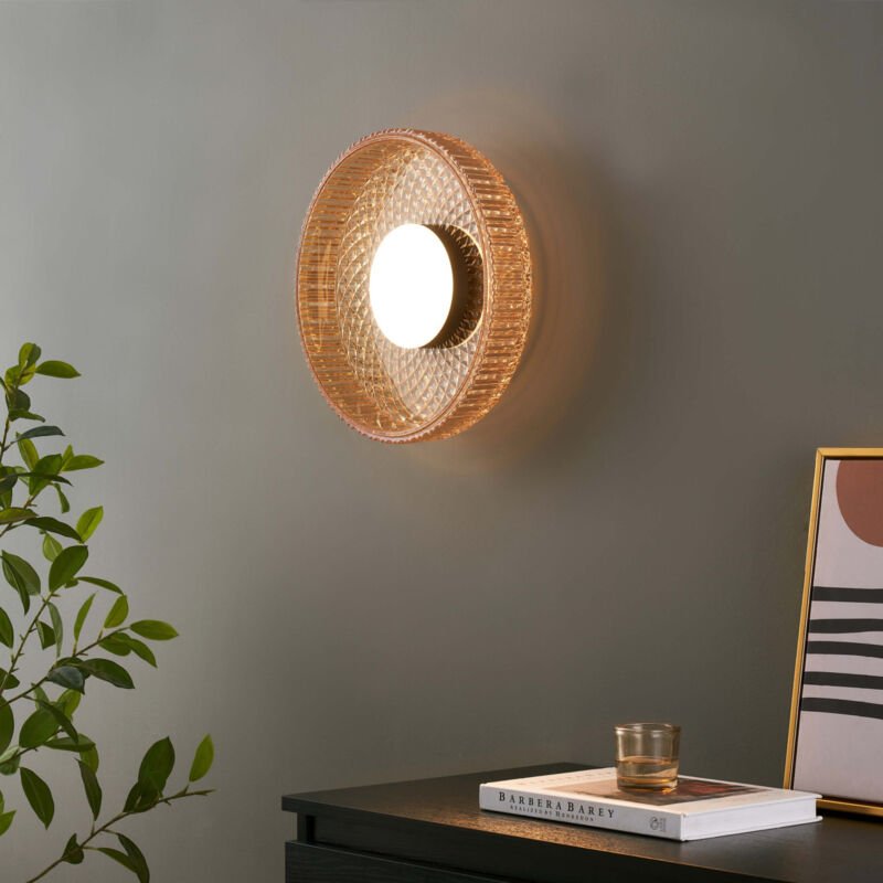 Bernsteinfarbene Wand- oder Deckenleuchte mit geripptem Glas - Damian