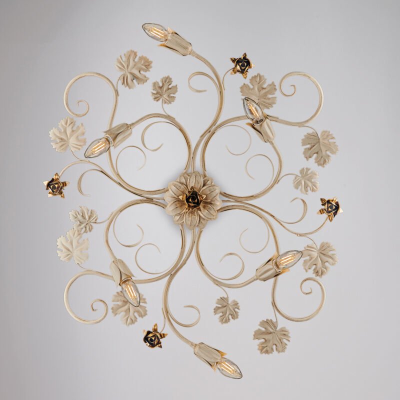 Iris – Deckenleuchte aus elfenbeinfarben lackiertem Eisen mit antikem Golddekor, 6 Lichter – Ø79 x 67 – BL169-PL6-AV