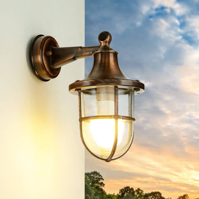 Licht-erlebnisse - Außenwandleuchte IP64 in Kupfer antik E27 Glas Echt-Messing Maritim Außenleuchte