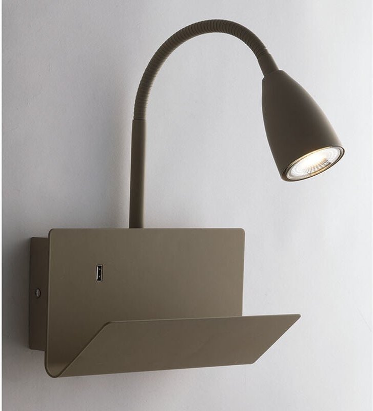 Meinewunschleuchte - led Leselampe Braun mit Ablage & usb Ladefunktion, Breite 23cm