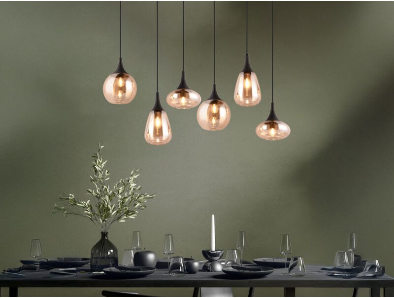Meinewunschleuchte - led Pendelleuchte 6-flammig Glas amberfarbig, Breite 93cm