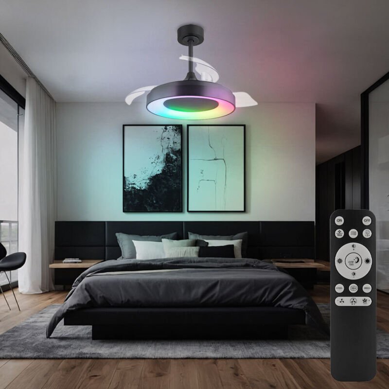 Deckenlampe Wohnzimmerleuchte Deckenventilator Schlafzimmerlampe Raumkühler, Metall Kunststoff grau, dimmbar Fernbedienu...