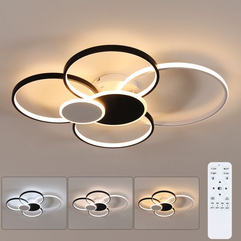 GOECO Große runde LED-Deckenleuchte, 80 cm, 71 W, dimmbar mit Fernbedienung (einstellbares Licht), weiß und schwarz, für...