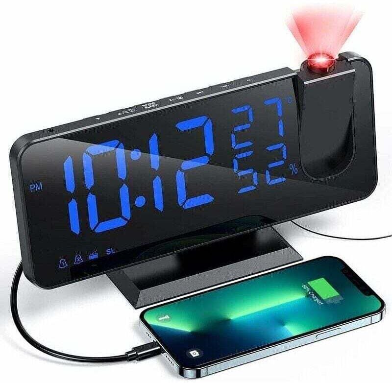 Projektorwecker mit Radio, Digitaluhr, USB-Radiowecker mit Doppelalarm und 7-Zoll-LED-Spiegelbildschirm (blaue Schrift),