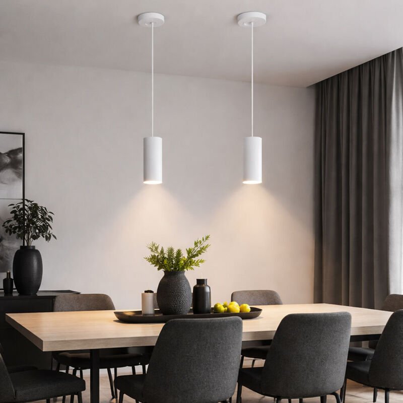 Thumbnail - Hängeleuchte skandinavisch Hängelampen Wohnbereich Modern Pendelleuchte einflammig, Metall weiß MDF Holzoptik, 1x GU10 F...