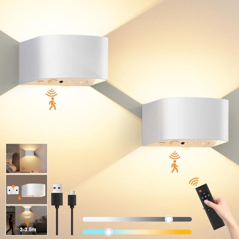 5000mAh Wandleuchte Akku mit Bewegungsmelder, Ohne Bohren Wandlampe mit Fernbedienung,Dimmbare Farbtemperatur, 3 Farben,...