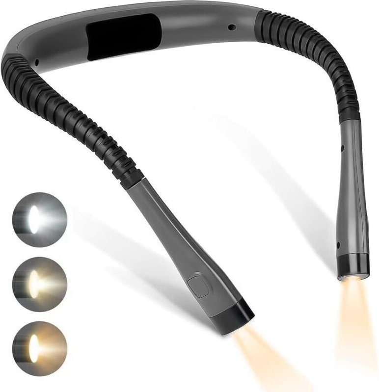 Wiederaufladbare Nackenleselampe, ideal zum Lesen im Bett. Drei Farben und drei Helligkeitsstufen. Ergonomisches Design ...