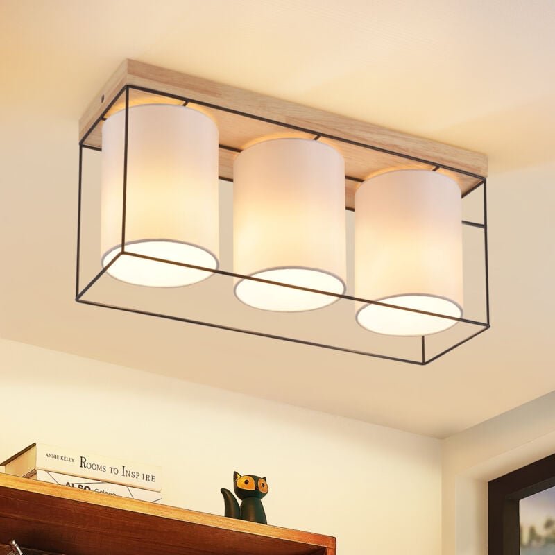 Deckenlampe Wohnzimmer Deckenleuchte Holz - 3 Flammig E14 Vintage Wohnzimmerlampe mit Stoff-Lampenschirm Industrial Retr...