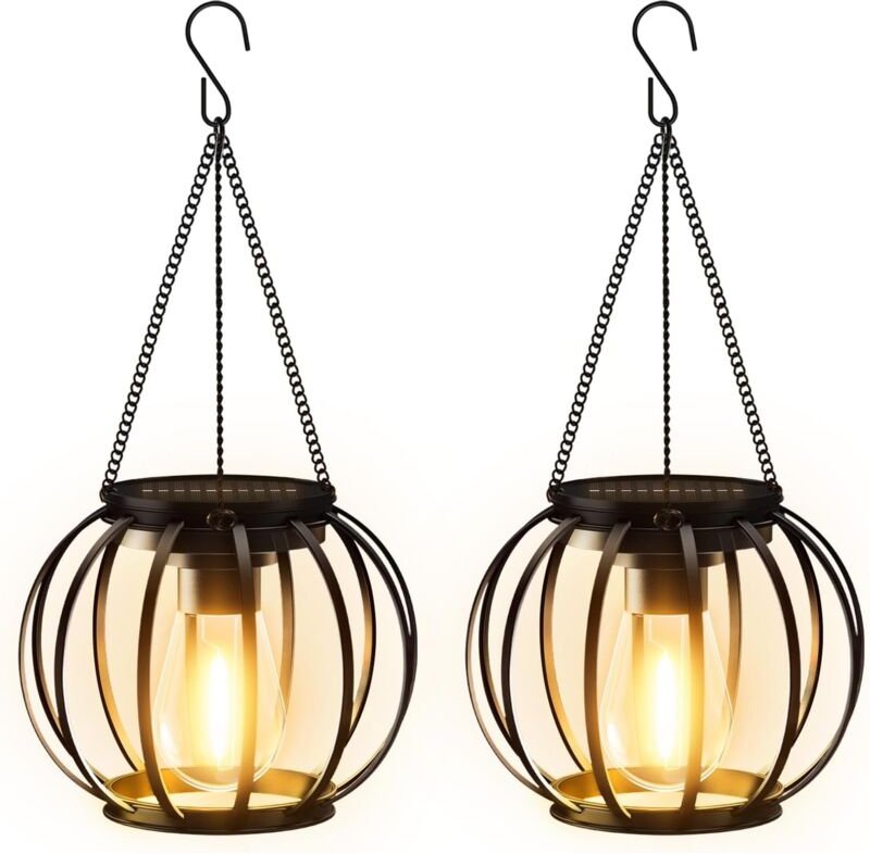 Solarleuchten Außen Garten, 2 Stück Metall Solar Laterne Außen mit led Birne, IP65 Wasserdicht Gartendeko mit Haken und ...