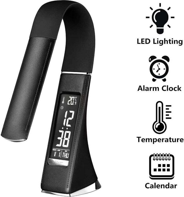 U2 5W LED-Schreibtischlampe, dimmbares Display, Tischlampe mit Wecker, Kalender, Zeit- und Temperaturanzeige, Nachttisch...
