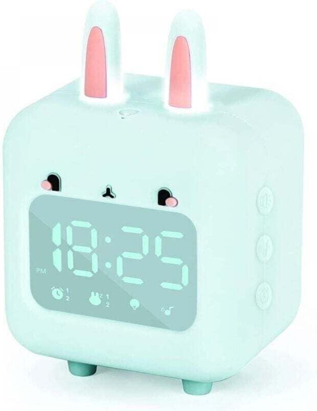 SNQ - Grüner digitaler Wecker für Kinder, Kaninchen mit Nachtlicht, Timer und Schlummerfunktion, wiederaufladbarer Nacht...