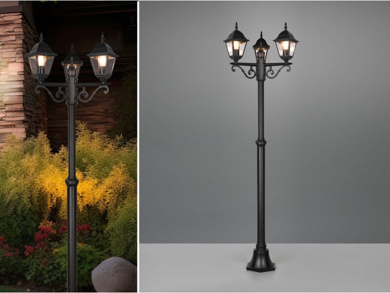 Meinewunschleuchte - led Mastleuchte 3-flammige Laterne, Aluminium Schwarz Höhe 200cm