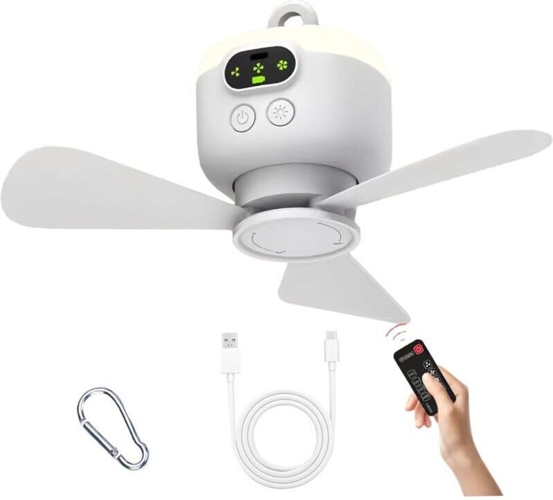 Tragbarer Deckenventilator, 8000 mAh, zum Aufhängen, mit Fernbedienung und 3 Geschwindigkeitsstufen, wiederaufladbar und...