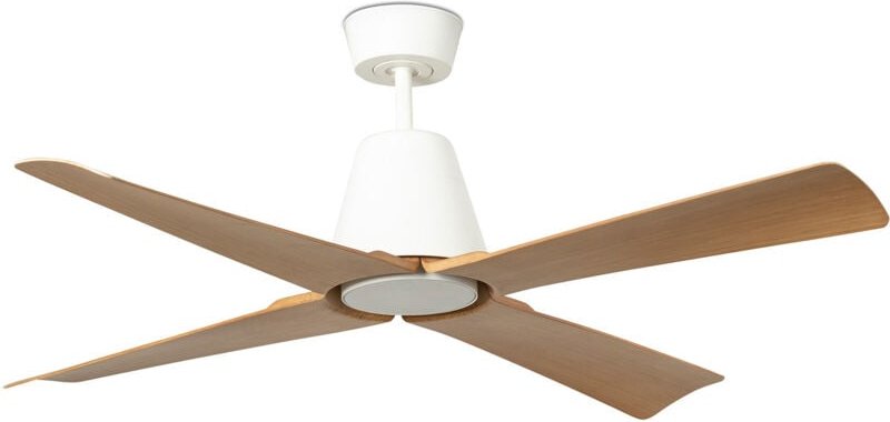 Faro Typhoon Mittlerer Deckenventilator mit 3 Flügeln, Mattweiß, Holz mit Licht, IP44, 3000 K, Wiz Smart System
