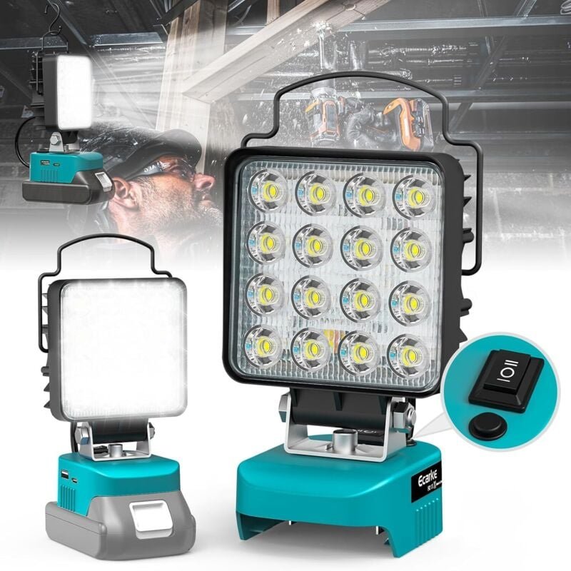 Kabellose LED-Arbeitsleuchte für Makita 18 V – 48 W/4800 lm, wiederaufladbar mit Typ-C- und USB-Anschlüssen, tragbarer S...
