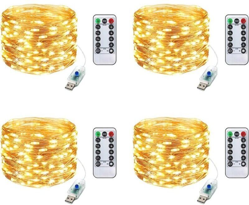 LED-Lichterkette für Weihnachten, Kupferdraht, USB-betrieben mit Fernbedienung, 4er-Pack, 10 m, 100 LEDs, für drinnen un...