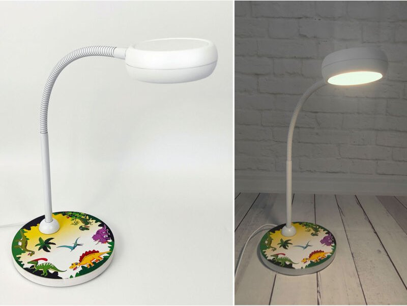 Thumbnail - Meinewunschleuchte - Kinder Schreibtischleuchte Weiß dino Motive, Flexarm & LED-Leuchtmittel, 43cm