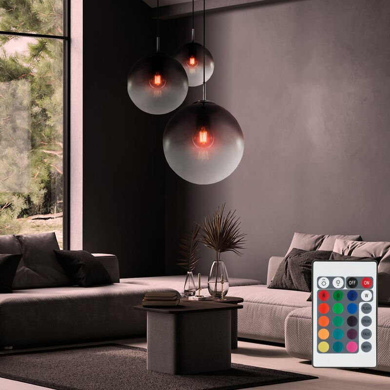 Chrom Decken Pendel Lampe Wohn Zimmer Fernbedienung Glas dimmbar im Set inkl. rgb led Leuchtmittel