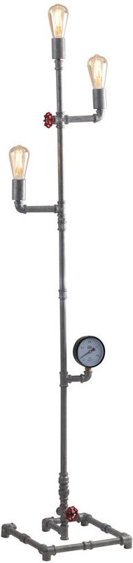 LED Stehlampe im Industriedesign 3-flammig Wasserrohr Optik, Grau antik