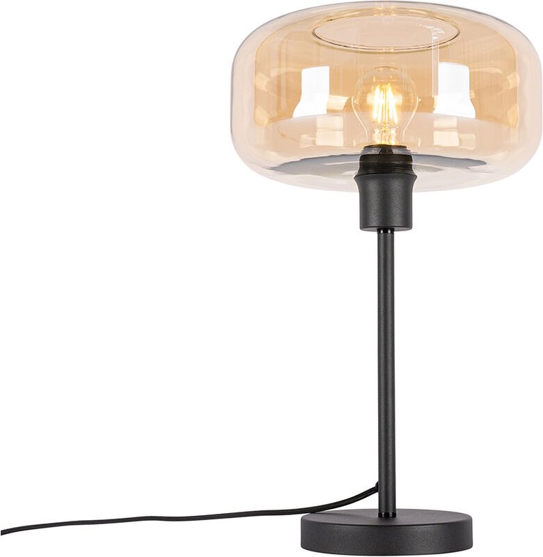 Art-Deco-Tischlampe schwarz mit braunem Glas - Bizle