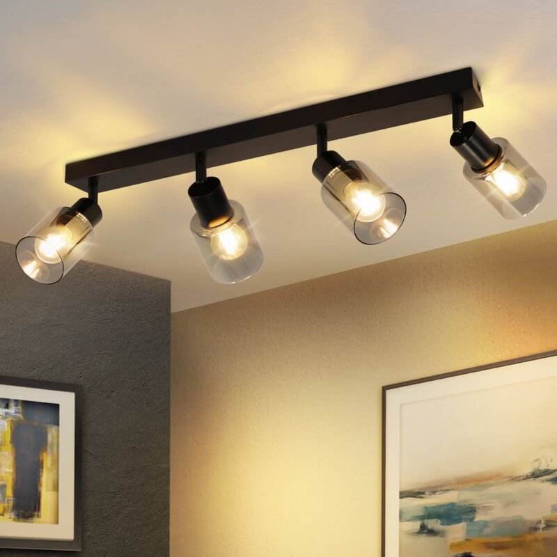 Deckenstrahler 4 flammig Vintage: E14 Deckenleuchte Schwarz Industrial Spots Deckenlampe Wohnzimmer Deckenspots aus Glas...