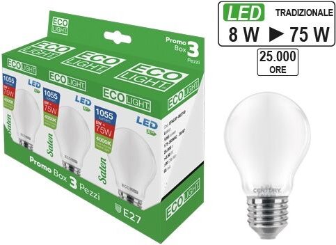 Kit 3 led -Globus bc E27 Ecolight 8W Glühbirnen