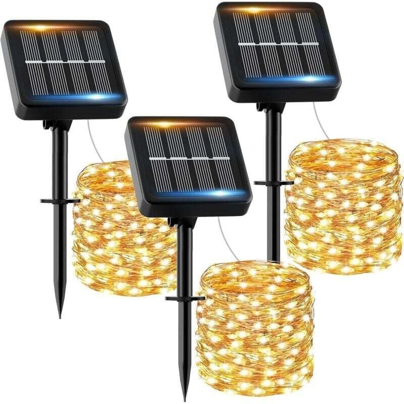 Solar-Lichterkette für draußen, 12 m, 120 LEDs, 3 Stück: Solar-Lichterkette für draußen, wasserdicht, warmweiß, 8 Modi, ...