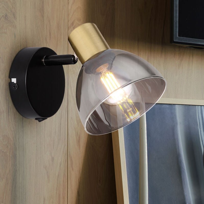 Wandstrahler mit Schalter Wandspot Wandleuchte Glas bronzefarben Spot beweglich, Metall schwarz, 1x E14, BxHxT 11x11,5x1...