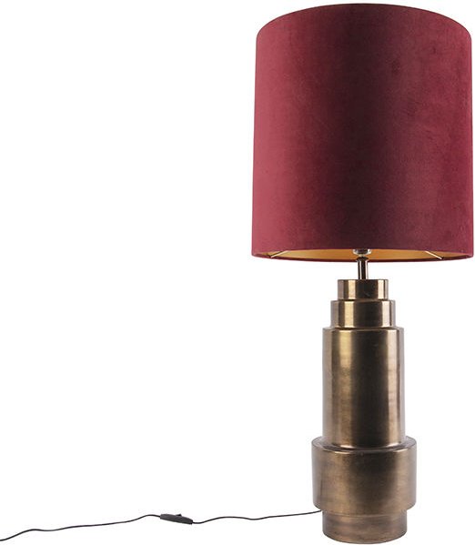 Art Deco Tischlampe Bronze Veloursschirm Rot mit Gold 50cm - Bruut