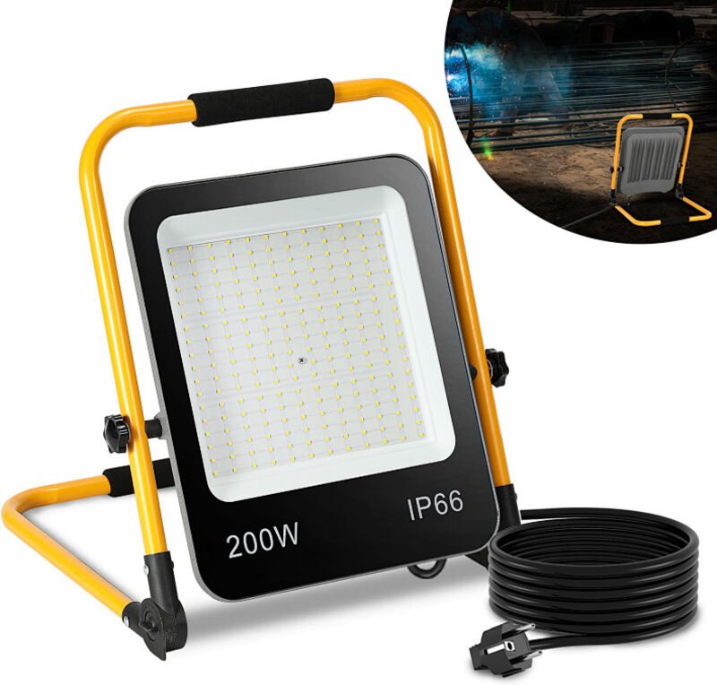 Wolketon LED Baustrahler Arbeitsleuchte 200W 16000LM Kaltweiß LED Fluter mit 3M Kabel und Wasserdicht IP66 Strahler für ...