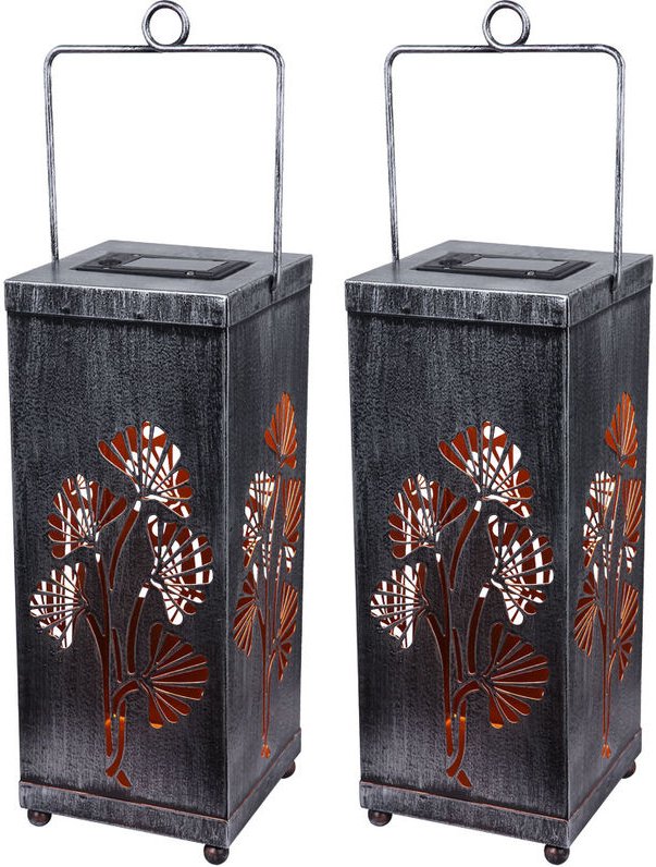 2er Set led Solar Laternen Dekor Stanzungen Blumen Design Garten Hänge Lampen Außen Steh Leuchten