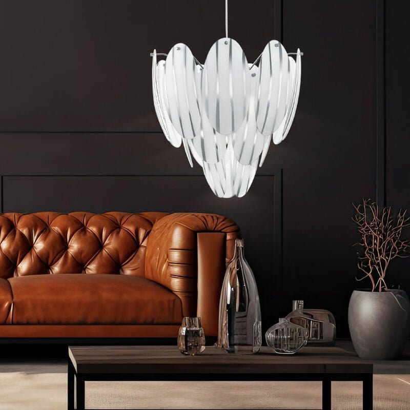 Hängelampe Glas weiß Pendelleuchte Esstisch Glas Wohnzimmerlampe hängend Modern, Schirm gestreift Stahl, 1x E27, DxH 39 ...