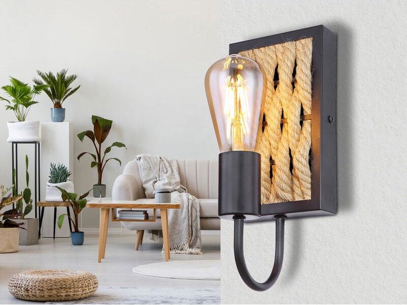 Meinewunschleuchte - led Wandleuchte Seillampe mit Korbgeflecht Metall Schwarz, Höhe 28cm