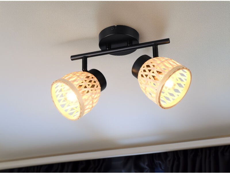 Meinewunschleuchte - led Deckenstrahler 2-flammig mit Korb Lampenschirmen aus Bambus, Breite 37cm