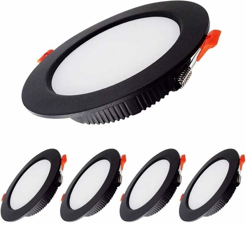 Set mit 5 schwarzen LED-Einbaustrahlern, extra flach, 5 W (entspricht 500 lm einer 50-W-Glühlampe), Schutzart IP44, neut...