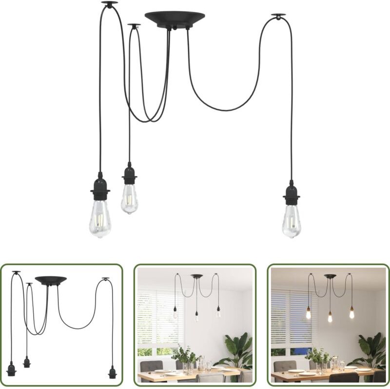 Vintage-Design - Pendelleuchte mit 3 Fassungen E27 Schwarz Metall