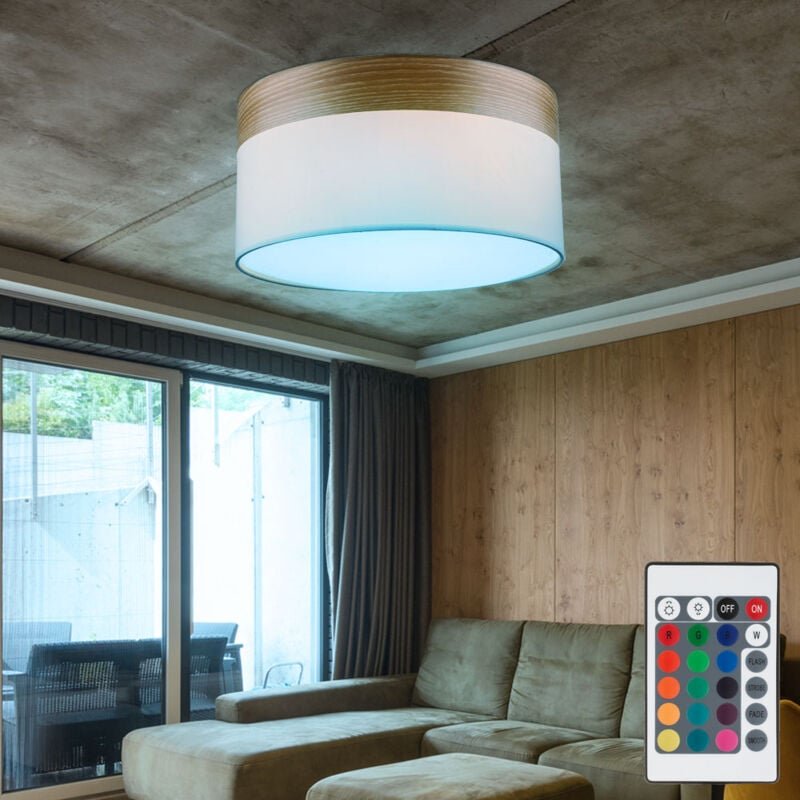 Decken Leuchte Flur Textil Schirm Lampe Holz beige fernbedienung im Set inkl. rgb led Leuchtmittel