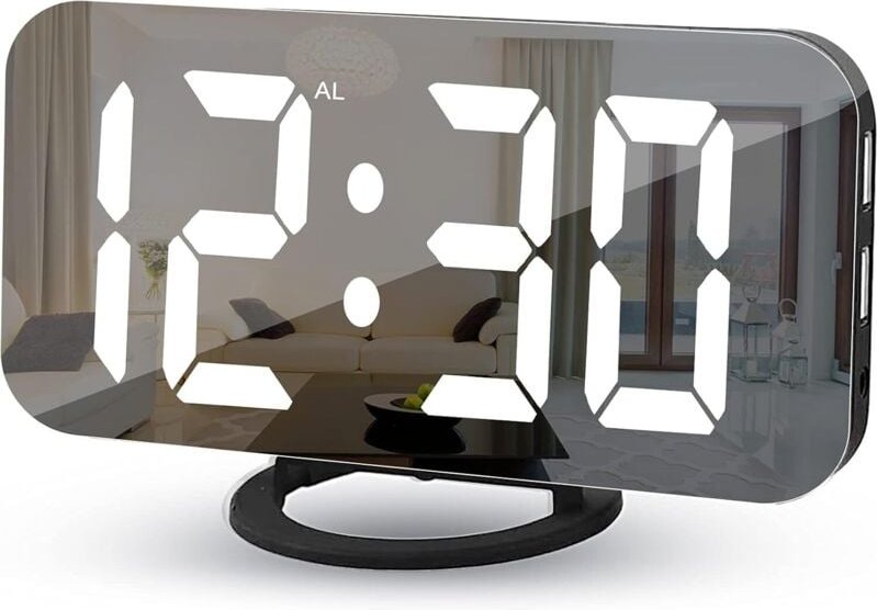Digitaler Wecker, Nachttischwecker, 7-Zoll-LED-Spiegelwecker, mit 2 USB-Ladeanschlüssen, Schlummermodus, automatischer H...