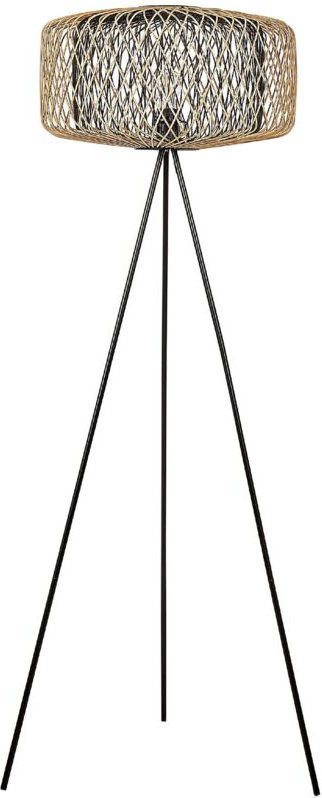 Stehlampe Naturfarbe Schwarz Bambus Holz Lampenschirm Metallsockel 120 cm Boho Leuchte Wohnzimmer