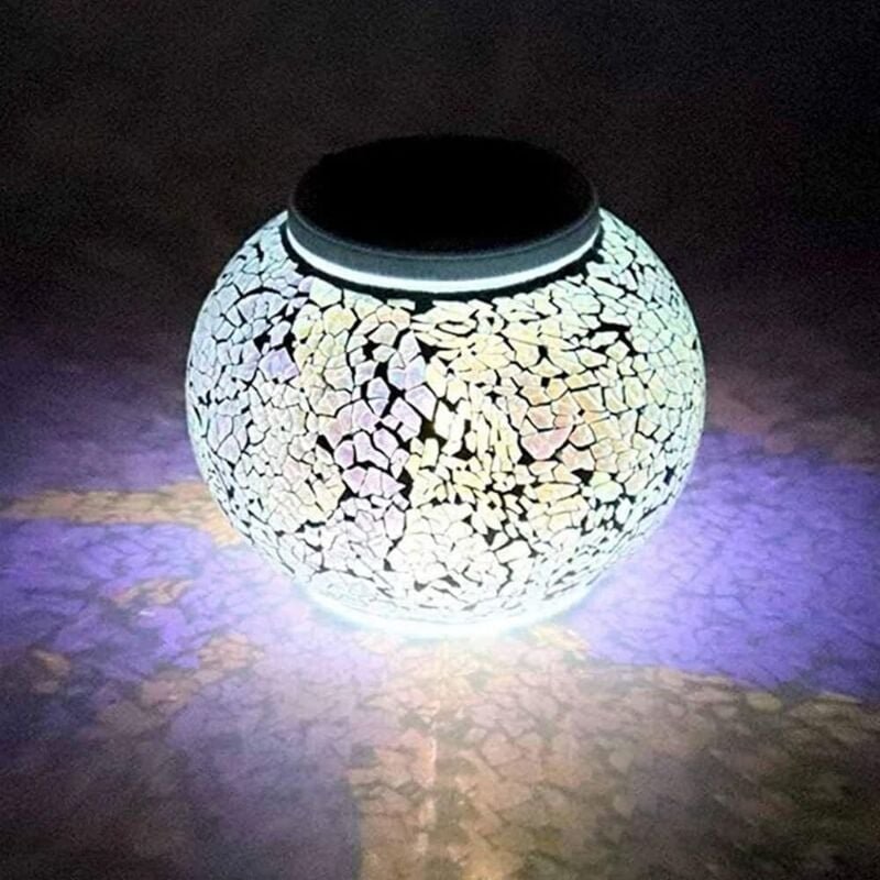 Mosaik-Glaskugel, Farbwechsel, Solar-LED-Licht, wasserdichte Tischlampe für Innen- und Außendekoration (Silber)