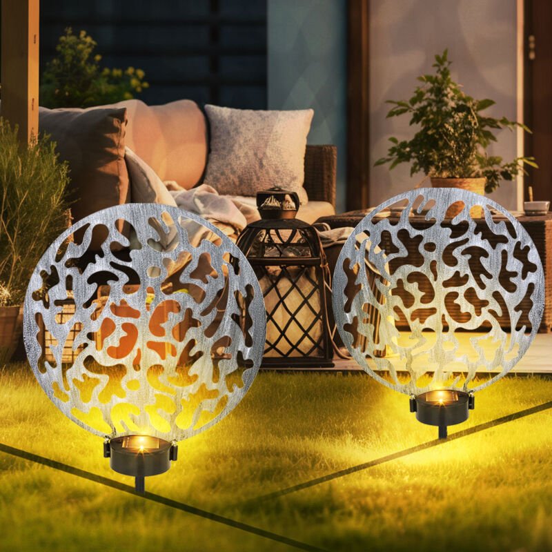 Solar Steckleuchte Solarlampe rund Außenlampe Gartendeko Erdspieß, Lichteffekt, Metall silber antik, 2x led warmweiß, Lx...
